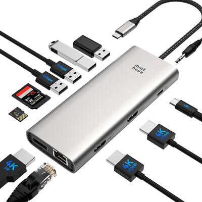 Minthouz USB C Dockingstation, 12 in 1 Multiport USB C Hub 100 W Typ C Ladegerät