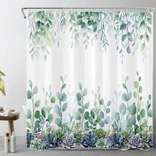 Rustic Farmhouse Botanical Green Leaves Shower Curtain Set for Bathroom Decor