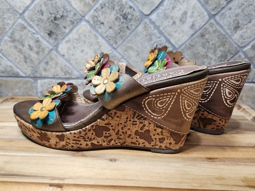 Women's Aura Spring Step Radd Floral Yellow Cork Wedge Sandals Shoes Size 39 - Picture 7 of 11