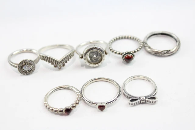 22 Pandora Sterling Silver Rings Floating Locket Tiara Birthstone Bow x 8 (22g)