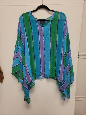 Pat Rego Plus Size 18/20 Kaftan Poncho Top V-Neck Abstract Striped Hanky Hem USA