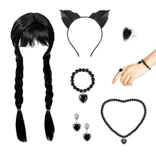 Wednesday Addams Halloween Costume Long Black Braid Wig Costumes Ears Hairband