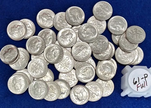 1961-P Roosevelt Silver Dimes Ch BU Full Roll 50 Pieces