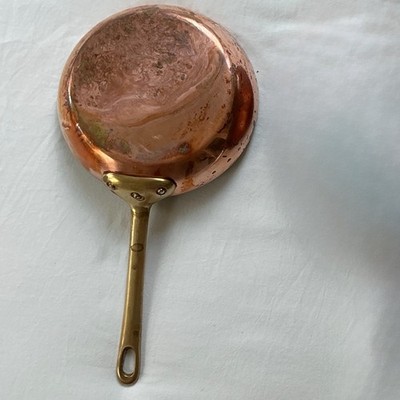 Vintage Solid Copper Skillet Brass Handle Riveted 8-9in Kitchen Cookware