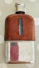 Vintage Leather Covered Stainless Steel Hip Flask with Viewing Window