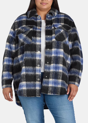 Terra & Sky Womens Shacket Size OX Block Plaid Black  Brushed Plaid Button Down