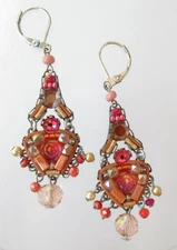 Ayala Bar Designer Art Glass Beaded Crystal Floral Dangle Earrings 2 1/2"