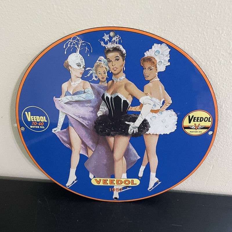 VINTAGE VEEDOL LADIES OIL MOTOR GASOLINE PORCELAIN SIGN