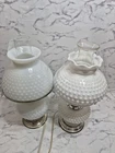 Pair 2 Hobnail Milk Glass Hurricane Lamps MCM GWTW Fenton Style Tested Vtg White