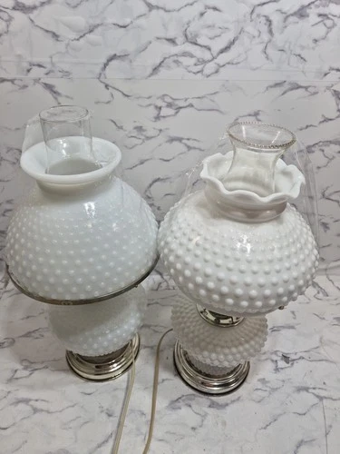Pair 2 Hobnail Milk Glass Hurricane Lamps MCM GWTW Fenton Style Tested Vtg White