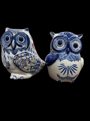 Blue White Porcelain Owl Figurine Pair Chinoiserie Decor 6  Set of 2