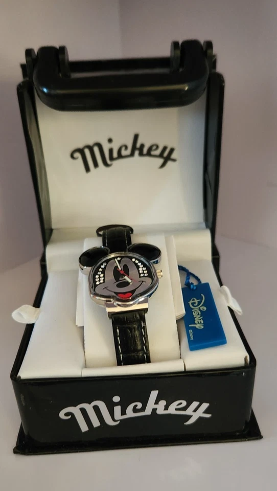 Disney Mickey Mouse Head Black Silver Tone Ears Wrist Watch Rhinestones Leather - Image 2 of 4