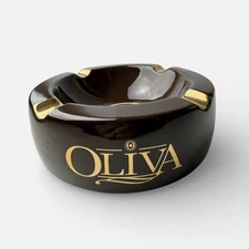 Oliva Ashtray 4-Cigar Round Ceramic Brown Gold Painted Accents Logo 8.5"