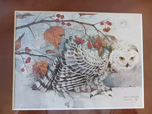 Snowy White Gray Owl in Autumn w Leaves Berry Theresa Politowicz Signed Numbered