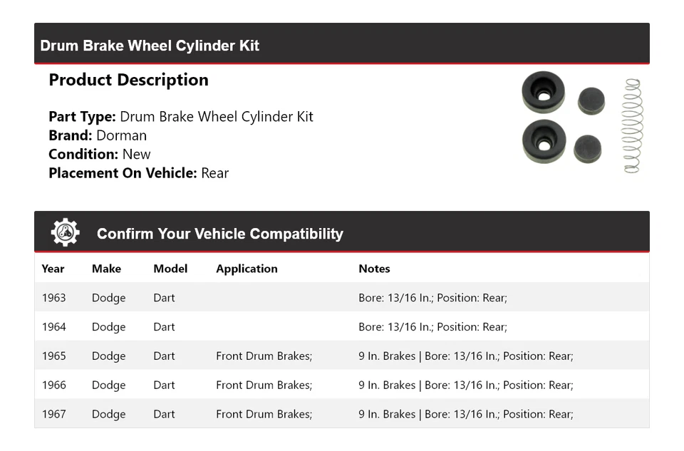 Комплект цилиндров заднего барабанного тормоза колеса для 1963-1967 Dodge Dart Dorman 1964 1965 - Изображение 2 из 4