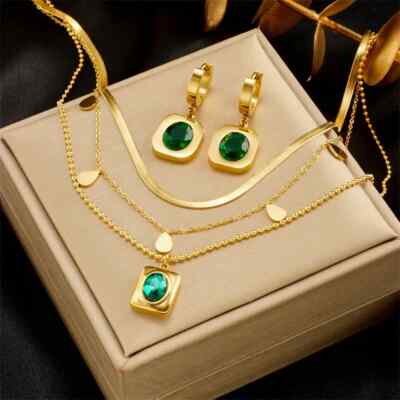 New Trend Non-Fading Jewelry Set Stainless Steel Oval Green Crystal Women Girl