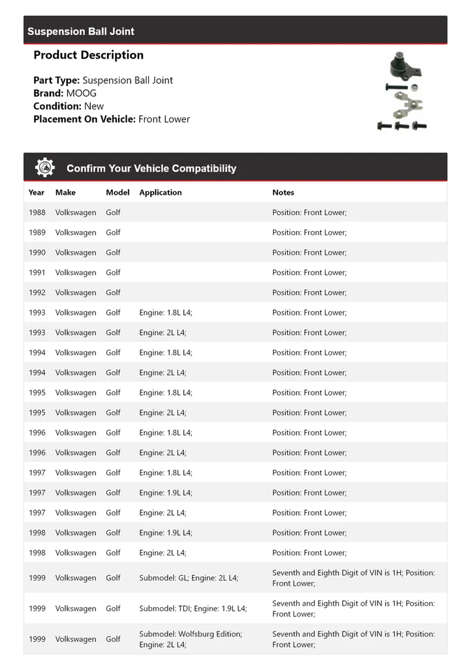 Junta de rótula de suspensión delantera inferior MOOG 1988-1999 1988 1989 para Volkswagen Golf 1988-1999 Foto 2 de 4