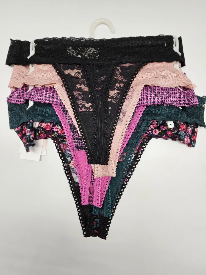 JESSICA SIMPSON 5 Pk Mujeres M L Tanga de Encaje Bragas Negro Vino Beige Rosa Estampados Foto 3 de 4