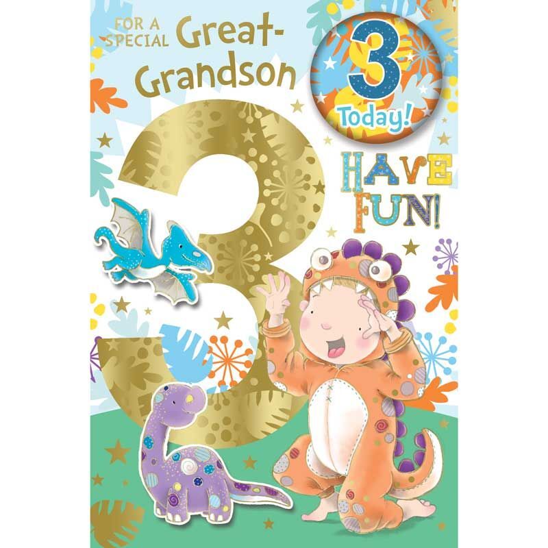 Great Grandson Age 3 Badged Card. 23x15cm (9x6 Inches)