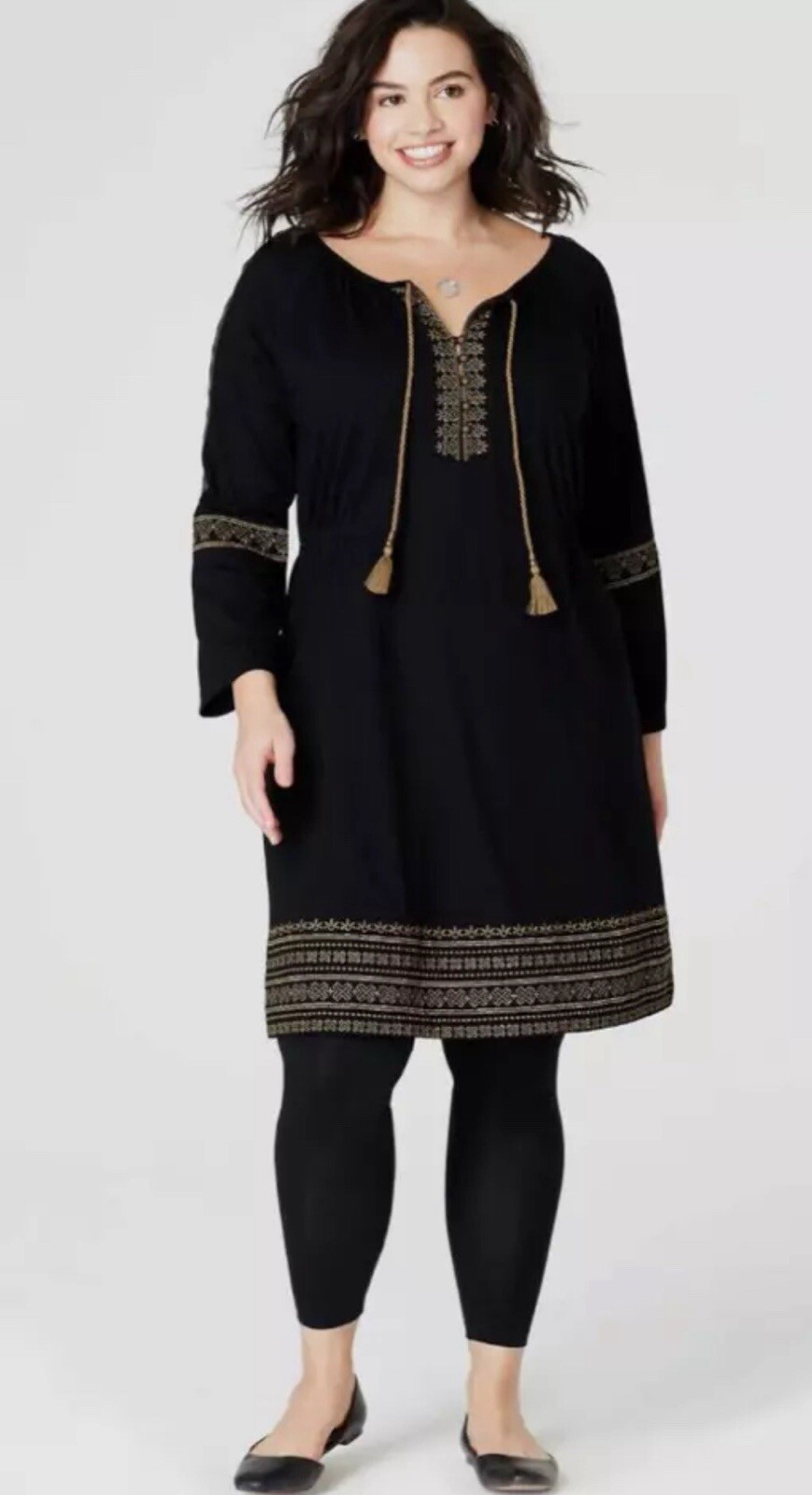 J. Jill - Women’s Black w Bronze - Gold Embroidered Knit Peasant Dress Sz 2X