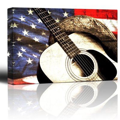 Wall26 - Cowboy hat and guitar on patriotic flag background - Canvas Art - 16x24