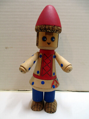 VTG Wooden Handmade Peg Boy Doll Hand Painted w/ Movable Arms 7 1/2'' Signed OOAK