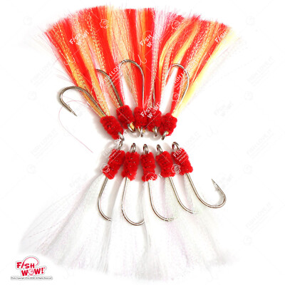 5/0 Fishing Shrimp Fly Hook Rockfish Ling Cod White Yellow Red Krystal Flash lot