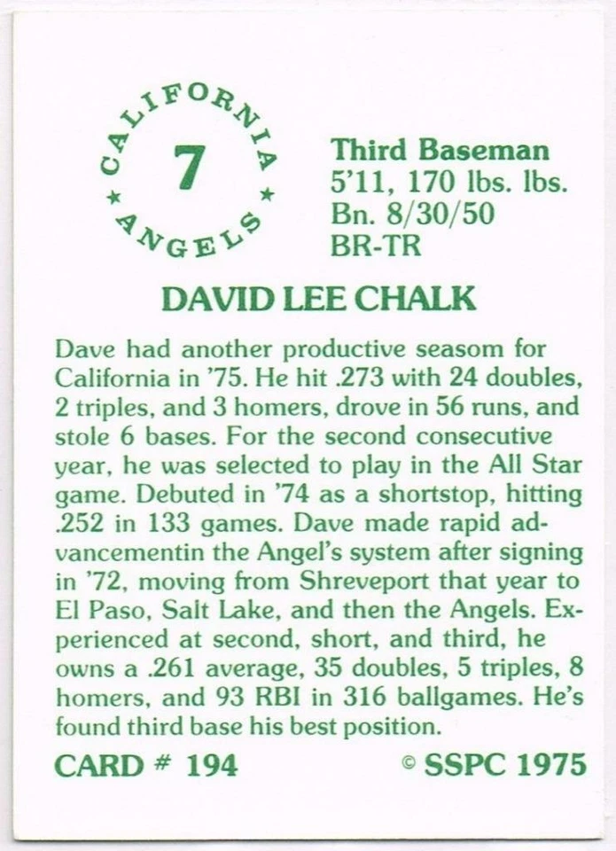 Original Autograph of Dave Chalk of the California Angels on a 1975 SSPC Card - Image 2 of 2