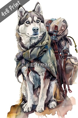 #ad Dog Siberian Husky in explorer outfit watercolor Art 4x6 Print $8.40