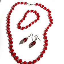 Festive Red Necklace Stretch Bracelet  Dangle Earrings Set Great Holiday Gift