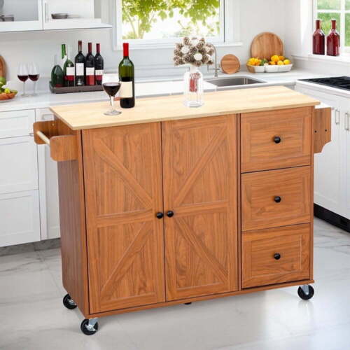 Kitchen Island Cart Mobile Kitchen Storage Cabinet with 2 Doors 3 Drawers, Brown - Picture 4 of 7