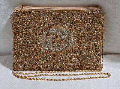 Versona I DO! Beaded Handbag Gold Silver Clear Beads Goldtone Chain Cloth Back