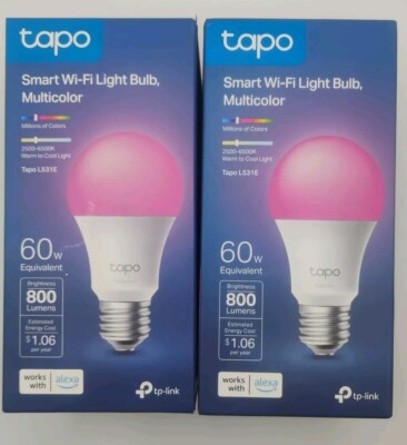 2 Tapo-Link Tapo Smart Light Bulbs, 16M Colors, Dimmable, Alexa A19 60W 2.4GHz