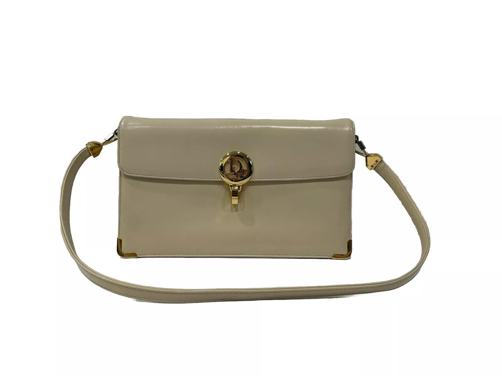 Sac à main vintage Dior bandoulière, véritable peau de veau crème ivoire, avec sac à main en pièce de monnaie