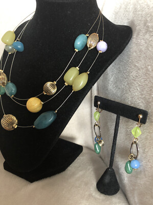 Multi Strand Necklace Invisible Strands Choker Chunky Teal Green Dangle Earrings