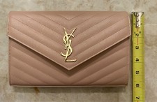 Authentic Saint Laurent Classic Cassandre Chain Wallet in Beige Grain De Poudre