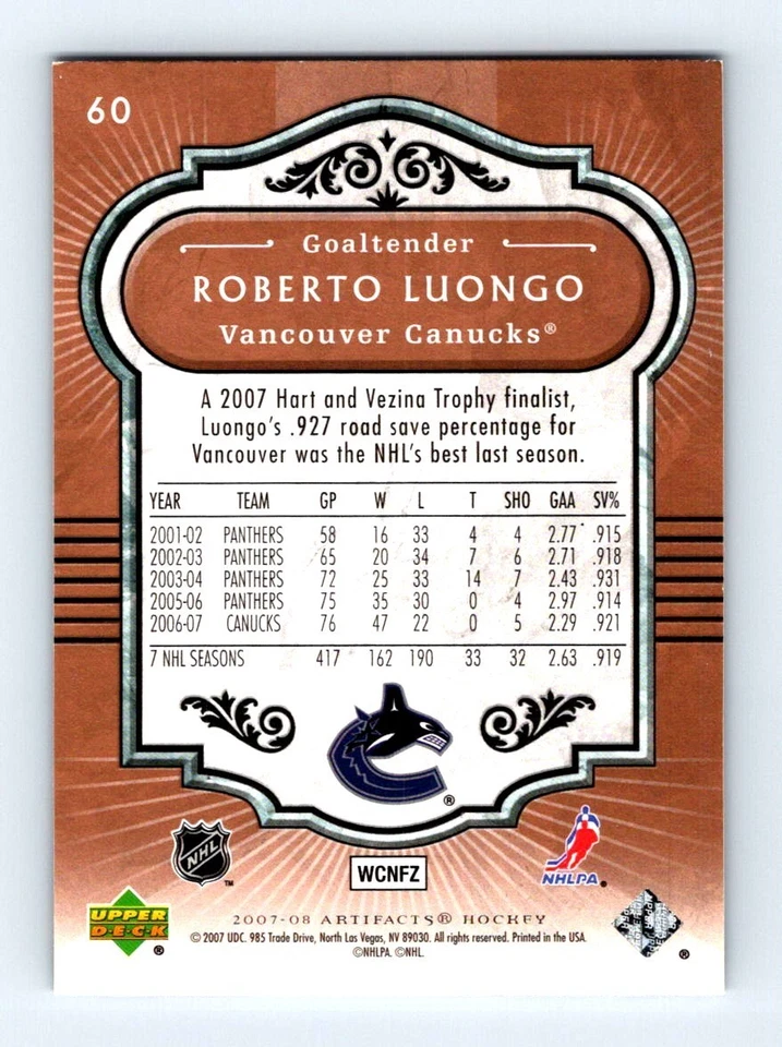 2007-08 Upper Deck Artifacts - Roberto Luongo #60 - Image 2 of 2