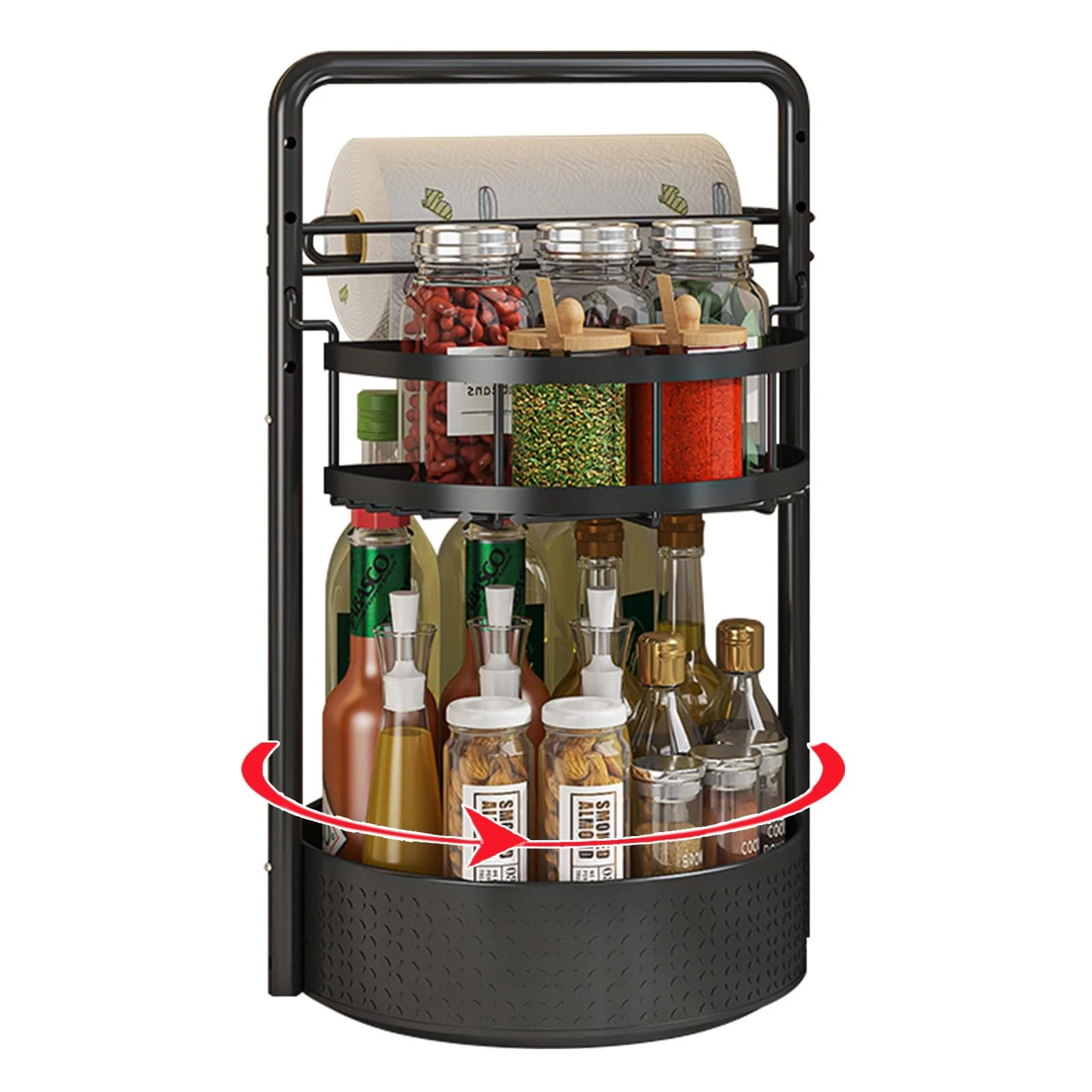 Rotating Spice Rack with Paper Towel Holder, 2 Tier Turntable Lazy Susan, Sea...