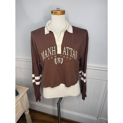 Hollister Brown Manhattan New York Cropped Rugby Shirt Long Sleeve Small