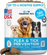 USA Made 120 Natural Flea and Tick Prevention for Dogs Chewable Dog Chews Treats