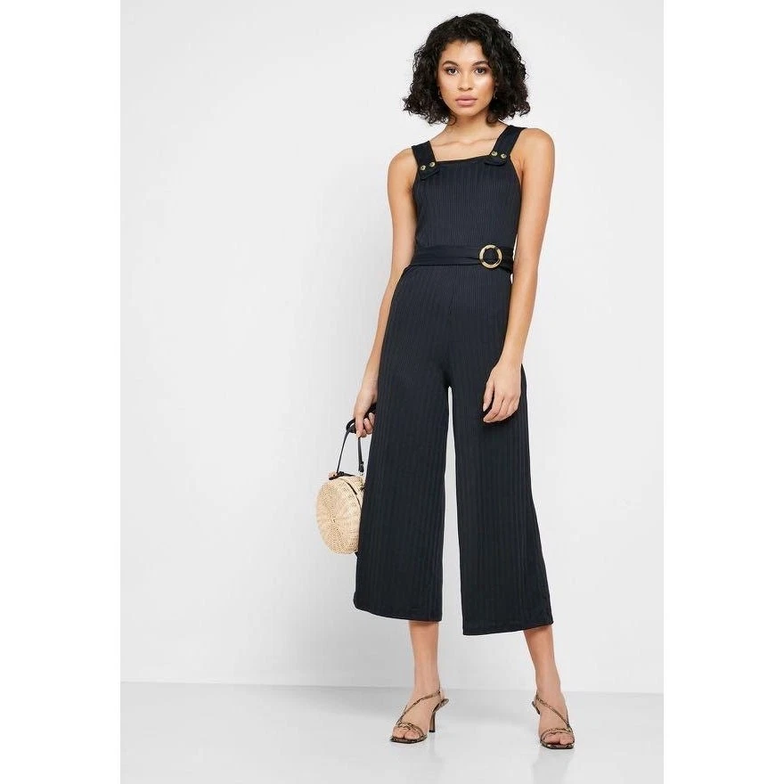 Mono Topshop Anita Negro Acanalado Cinturón Pierna Ancha Cuello Cuadrado Sin Mangas Talla 4 Foto 2 de 4