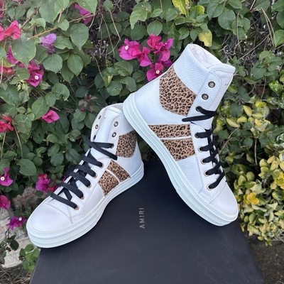 NIB $750 Amiri Sunset High Top Leather Sneakers Leopard Calfhair White Sz 40