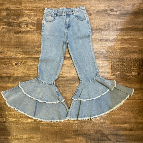 Double Ruffle Light Blue Bell Bottom Jeans Girl's Size 10 Adjustable Waist NWOT