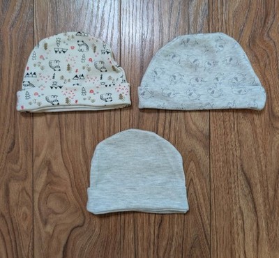 Set Of 3 Newborn Baby Hats, Grey, Forest Animals, Elephants