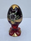 SIGNED FENTON GLASS LIMITED EDITION AMBERINA HAND PAINTED VIOLET EGG ON PEDESTAL