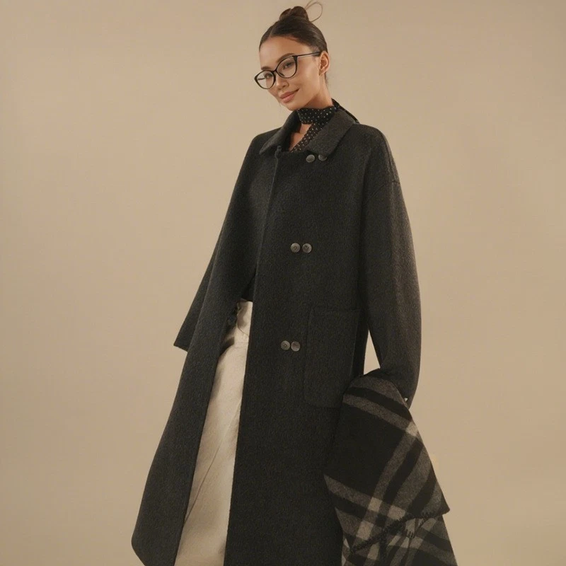 Gabardina informal de lana de doble cara larga con cuello de solapa para mujer Foto 3 de 4