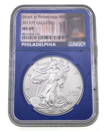 2017-(P) S$1 Silver American Eagle Graded by NGC as MS-69 Blue Holder
