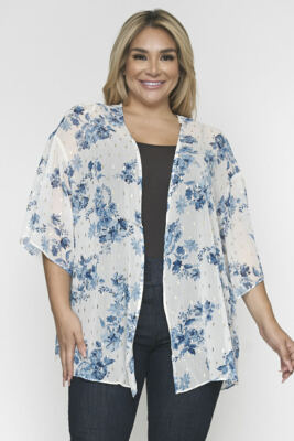 Womens Plus Size Blue and White Floral Kimono Cardigan XL Gold