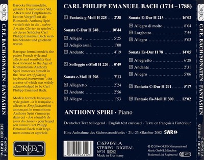 ANTHONY SPIRI C.P.E. BACH: SONATEN UND FANTASIEN NEW CD