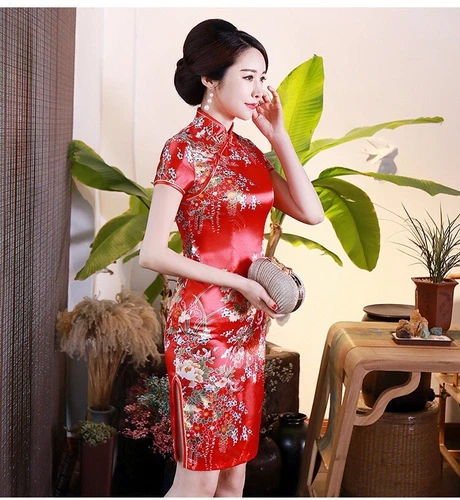 Neu China rot Satin Blumendrucke asiatisch kurz chinesisch Cheongsam Qipao Kleid - Bild 4 von 6